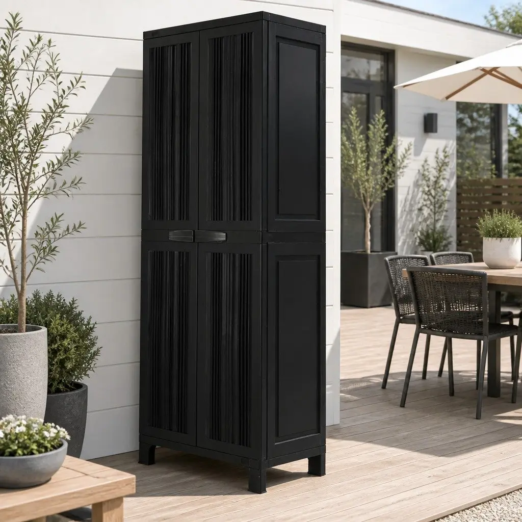 Outdoor Storage Cabinet Lockable Cupboard 173cm Tall Black Corrugated Plastic