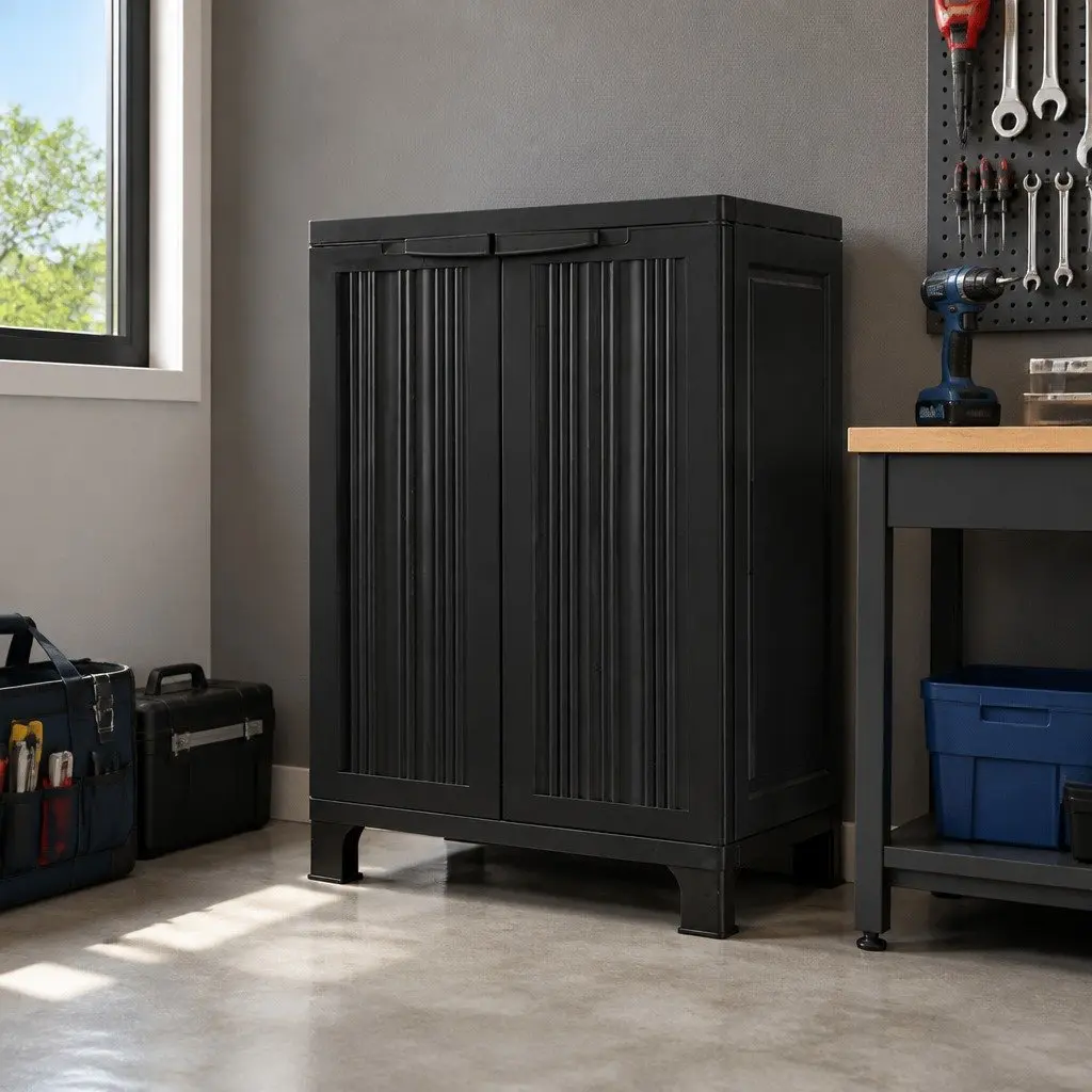 Outdoor Storage Cabinet Lockable Cupboard 92cm Tall Adjustable Shelves Black Weather Resistant