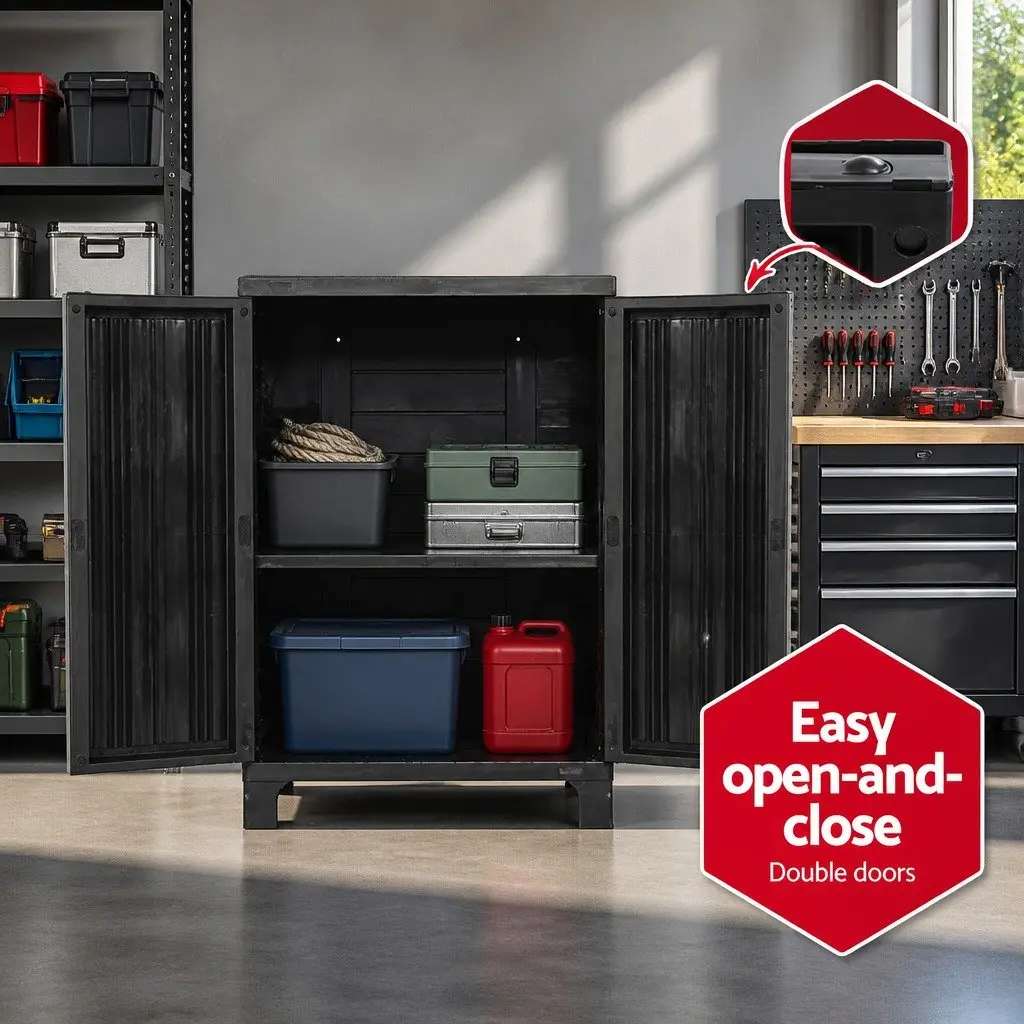 Outdoor Storage Cabinet Lockable Cupboard 92cm Tall Adjustable Shelves Black Weather Resistant