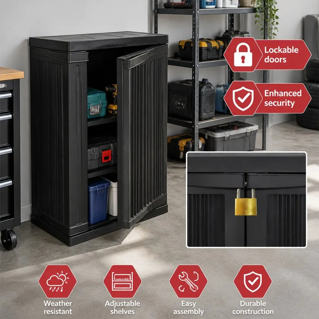 Outdoor Storage Cabinet Lockable Cupboard 92cm Tall Adjustable Shelves Black Weather Resistant
