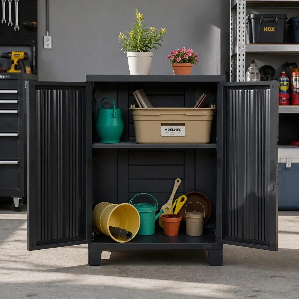 Outdoor Storage Cabinet Lockable Cupboard 92cm Tall Adjustable Shelves Black Weather Resistant