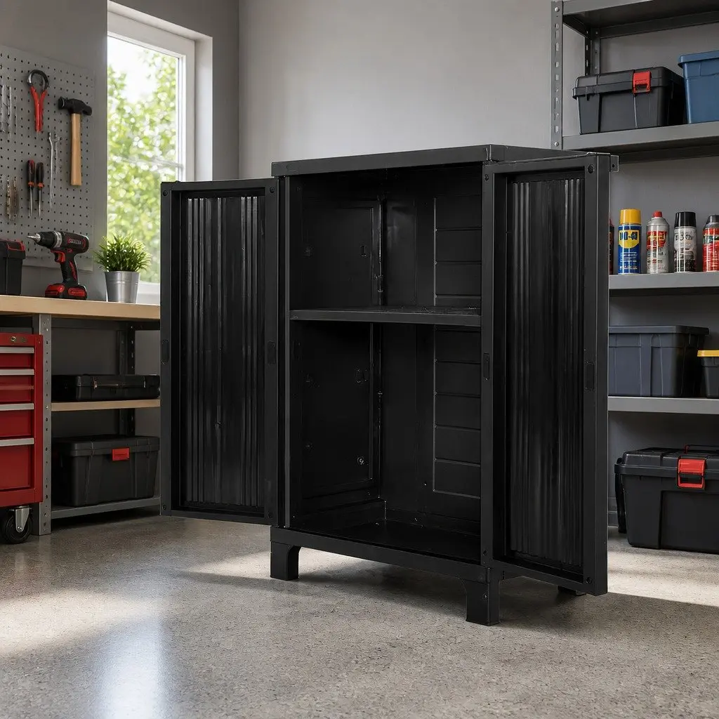 Outdoor Storage Cabinet Lockable Cupboard 92cm Tall Adjustable Shelves Black Weather Resistant