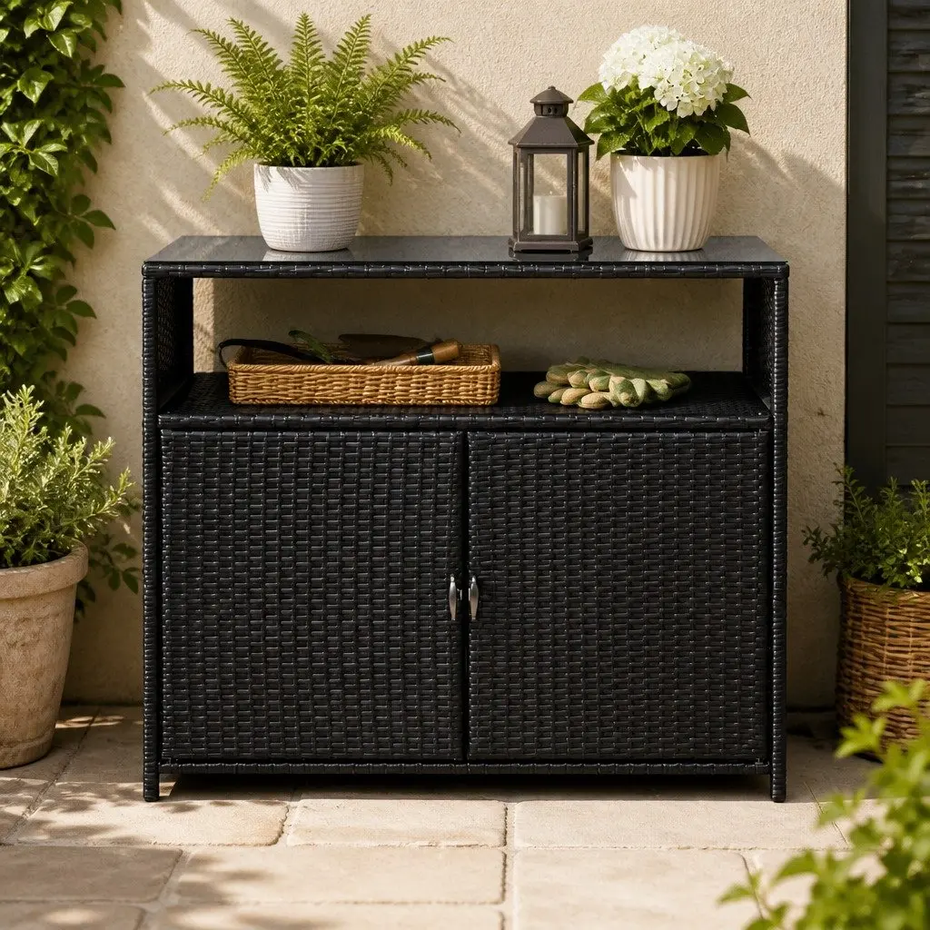 Outdoor Storage Box Handwoven PE Wicker Black 102.5cm x 84cm x 36cm