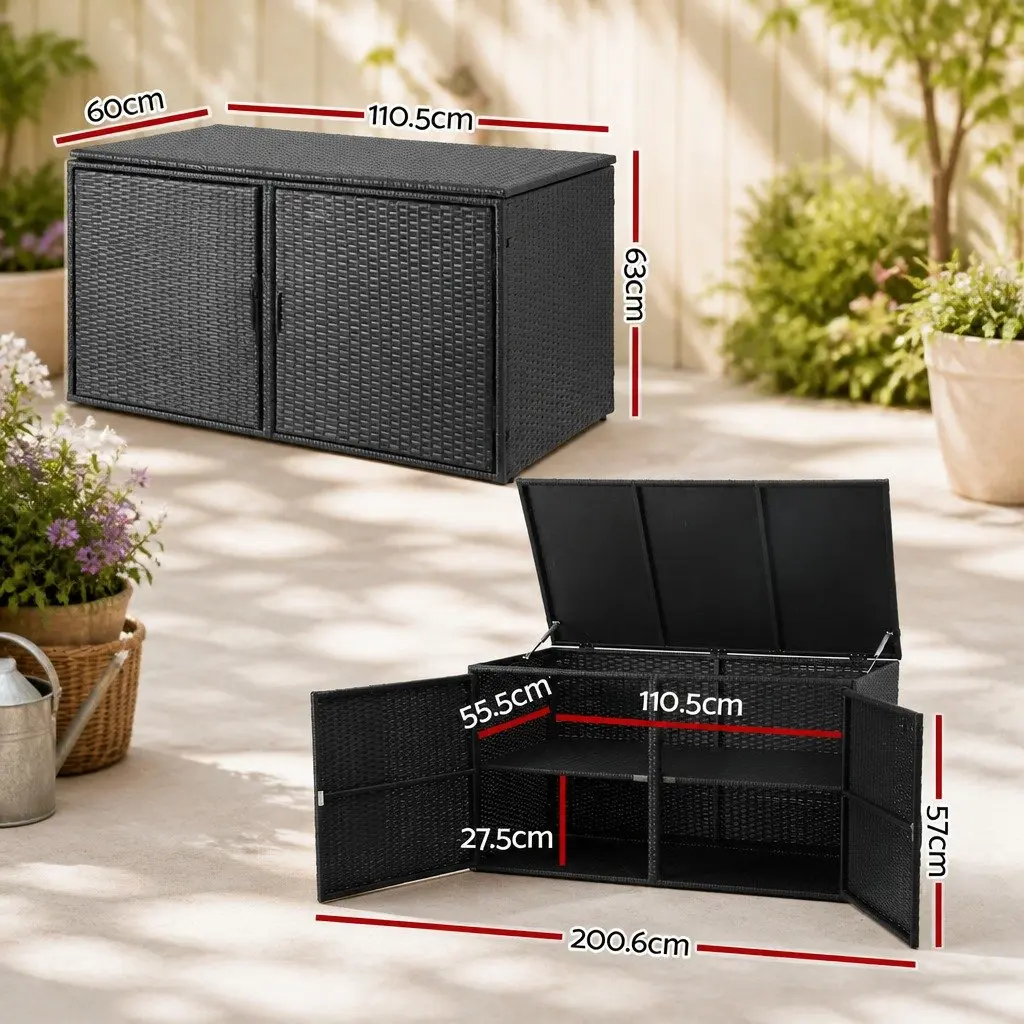 Outdoor Storage Cabinet Box Wicker Chest Deck Shelf Garden Tools Black 110.5cm