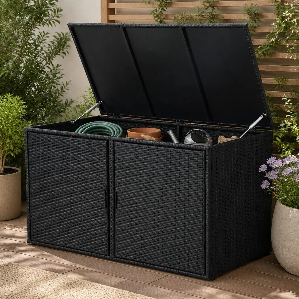 Outdoor Storage Cabinet Box Wicker Chest Deck Shelf Garden Tools Black 110.5cm