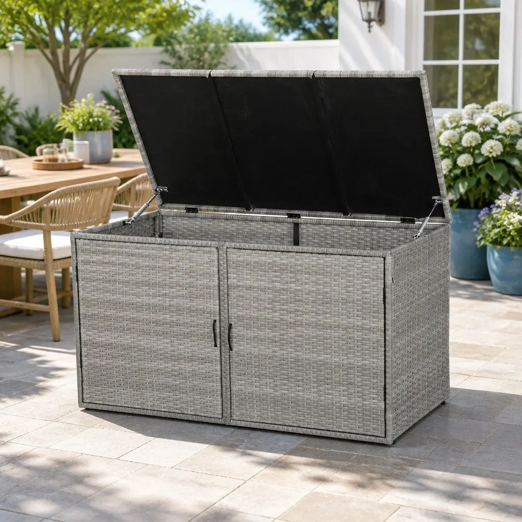 Outdoor Storage Cabinet Wicker Box Steel Frame 110.5cm Grey