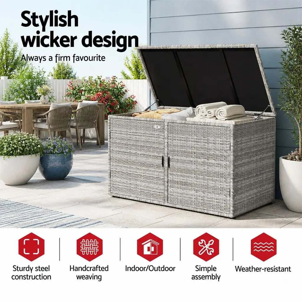 Outdoor Storage Cabinet Wicker Box Steel Frame 110.5cm Grey