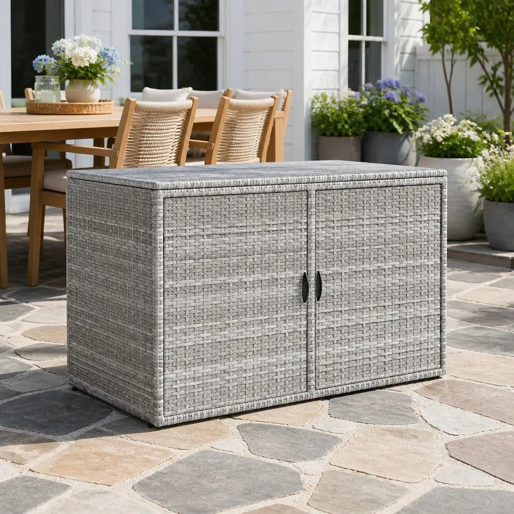 Outdoor Storage Cabinet Wicker Box Steel Frame 110.5cm Grey