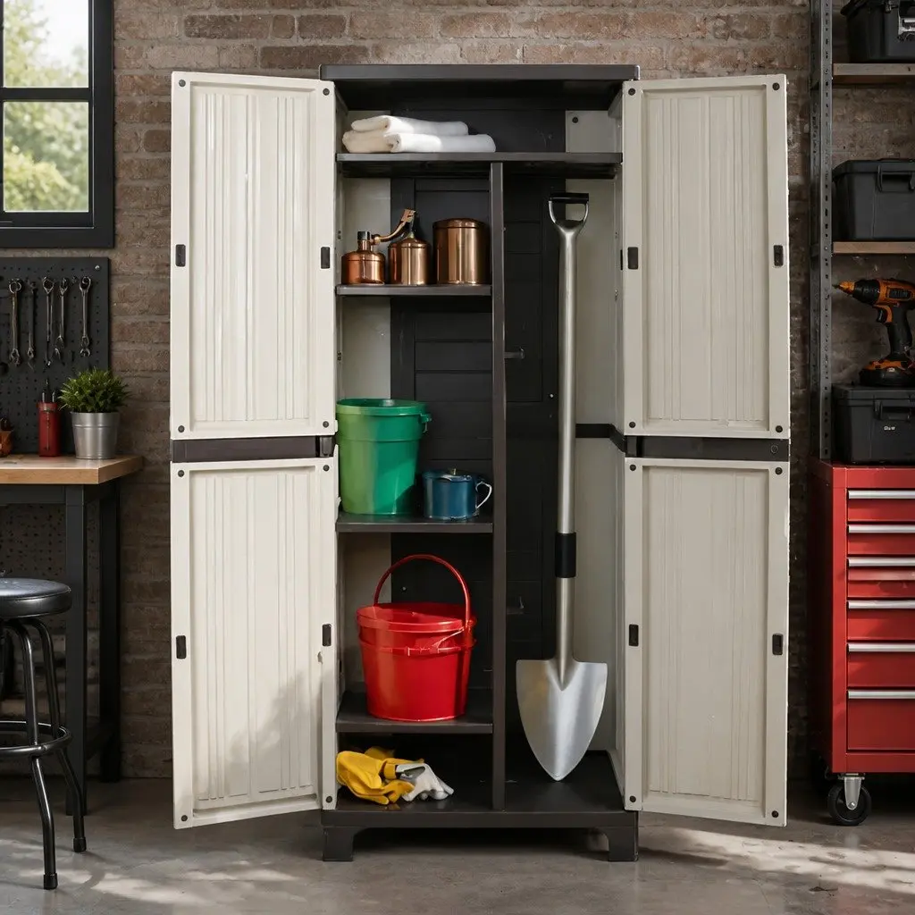 Outdoor Storage Cabinet Weather-Resistant 173cm Tall Beige Lockable Cupboard with Adjustable Shelves