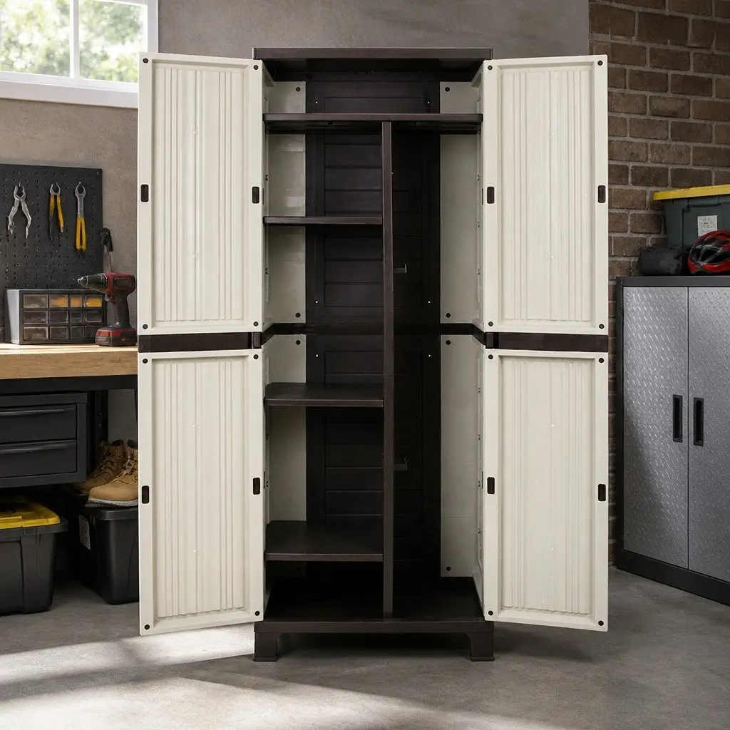 Outdoor Storage Cabinet Weather-Resistant 173cm Tall Beige Lockable Cupboard with Adjustable Shelves