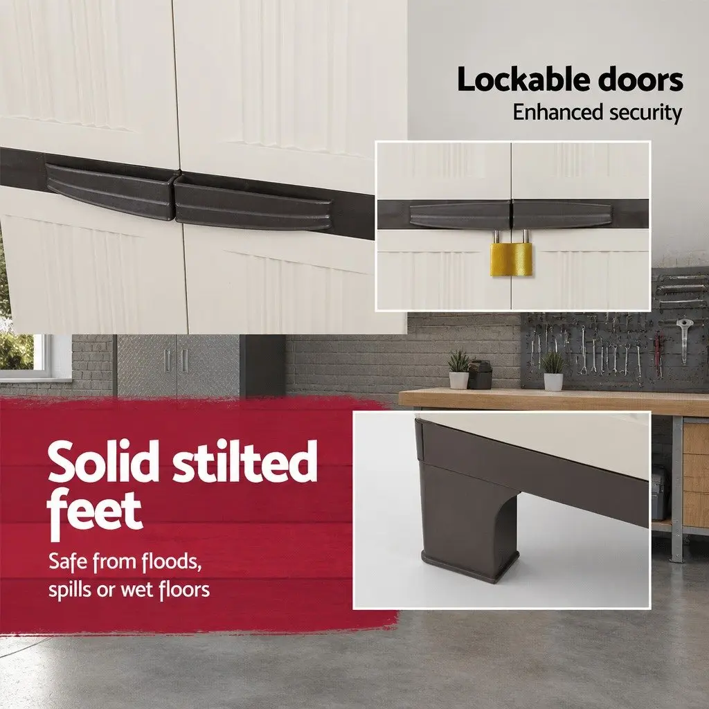Outdoor Storage Cabinet Weather-Resistant 173cm Tall Beige Lockable Cupboard with Adjustable Shelves