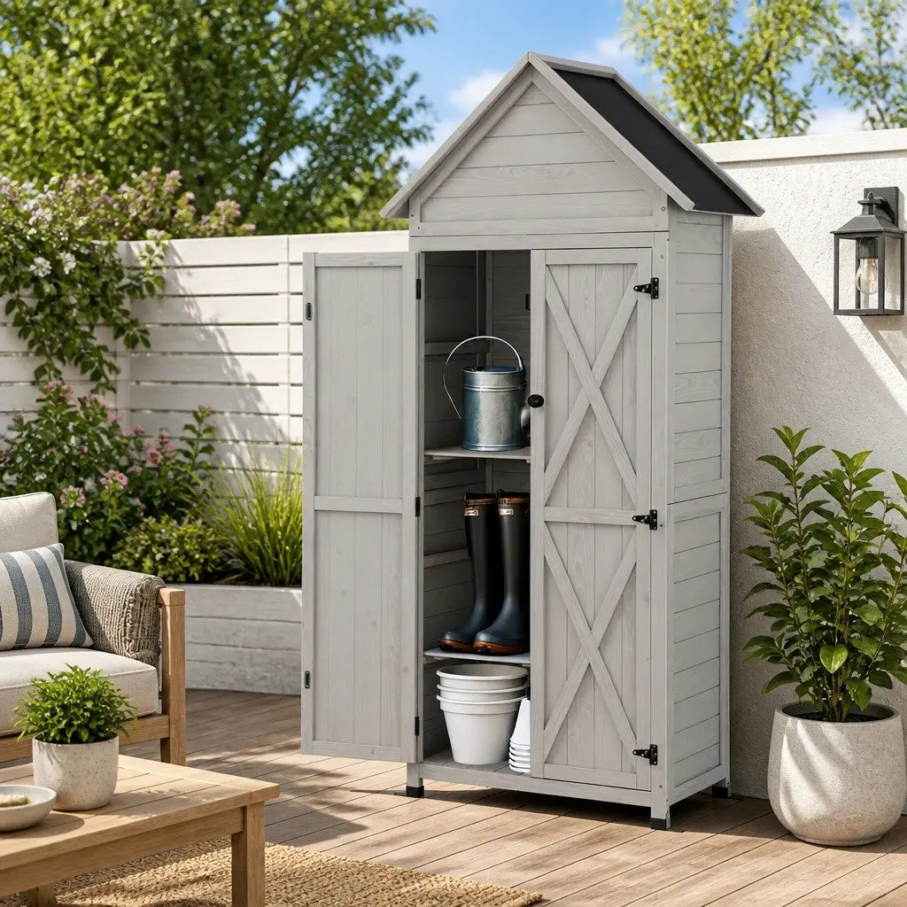Outdoor Storage Cabinet Wooden 3-Tier Lockable Grey