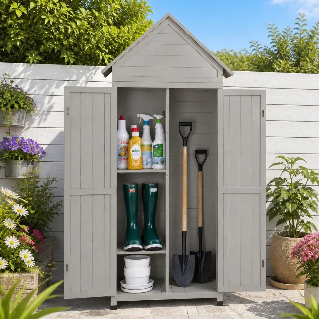 Outdoor Storage Cabinet Wooden 3-Tier Lockable Grey