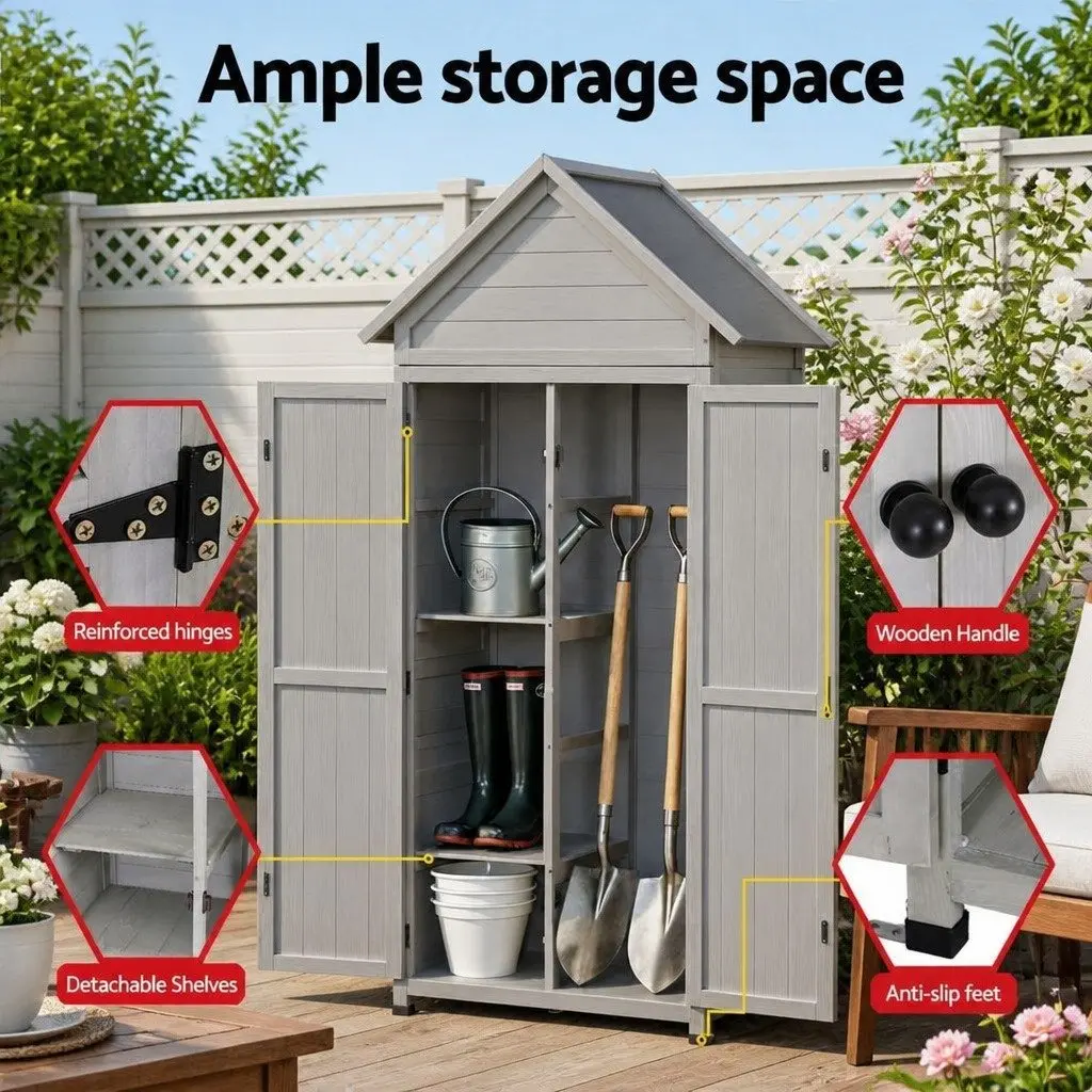 Outdoor Storage Cabinet Wooden 3-Tier Lockable Grey