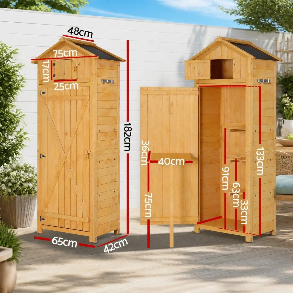 Outdoor Storage Cabinet Wooden Garden Tool Organizer with Lockable Compartment Foldable Work Table Natural 182 x 42 x 65 cm