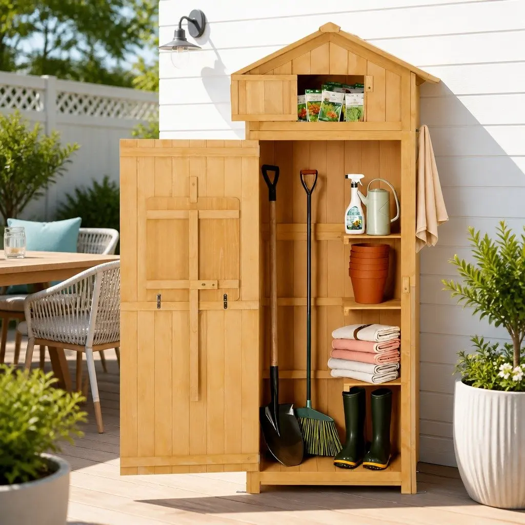 Outdoor Storage Cabinet Wooden Garden Tool Organizer with Lockable Compartment Foldable Work Table Natural 182 x 42 x 65 cm