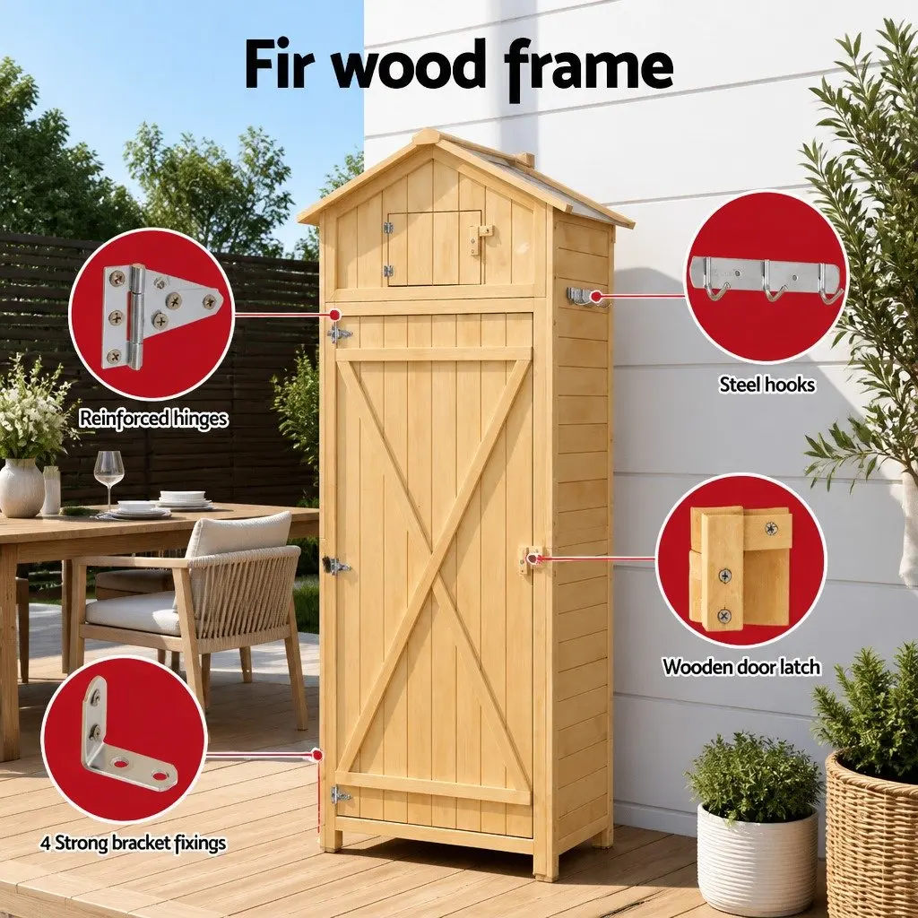Outdoor Storage Cabinet Wooden Garden Tool Organizer with Lockable Compartment Foldable Work Table Natural 182 x 42 x 65 cm