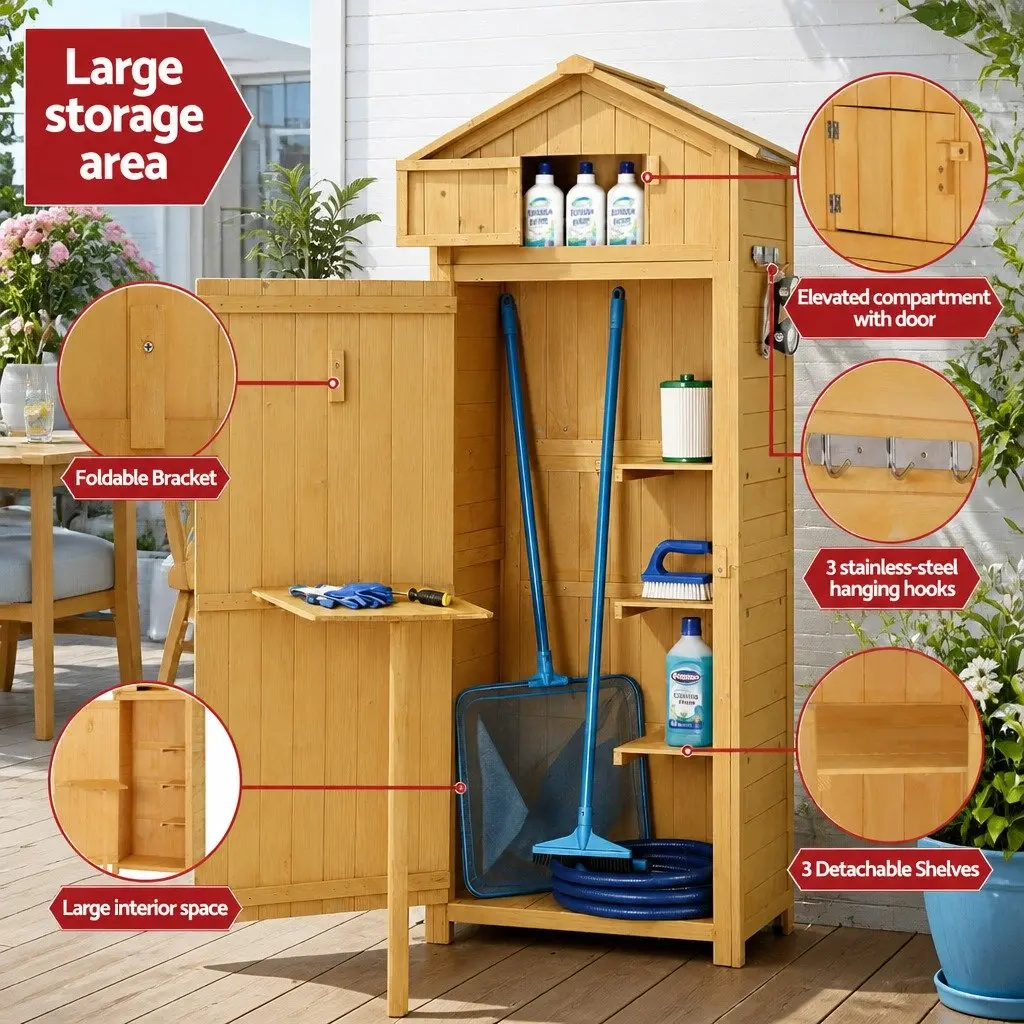 Outdoor Storage Cabinet Wooden Garden Tool Organizer with Lockable Compartment Foldable Work Table Natural 182 x 42 x 65 cm