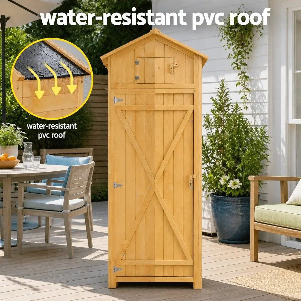 Outdoor Storage Cabinet Wooden Garden Tool Organizer with Lockable Compartment Foldable Work Table Natural 182 x 42 x 65 cm