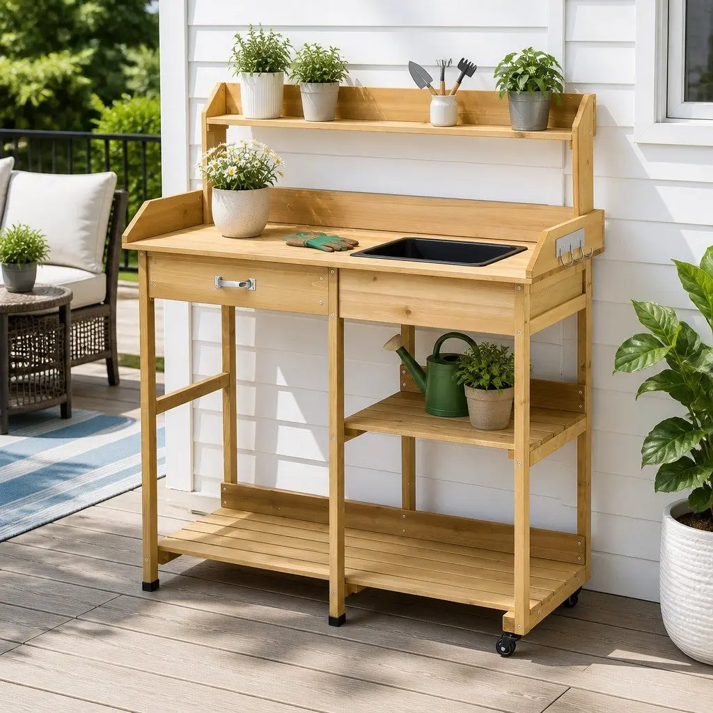 Outdoor Potting Bench Garden Workstation Storage Cabinet with Drawers Wheels