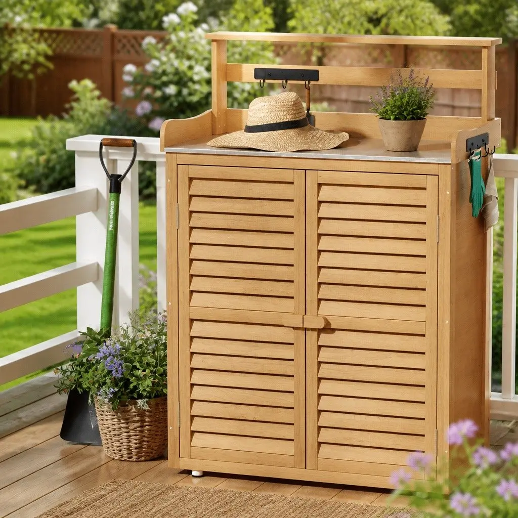 Outdoor Storage Cabinet Potting Bench Fir Wood Natural 2-in-1 Workbench Shelving Unit