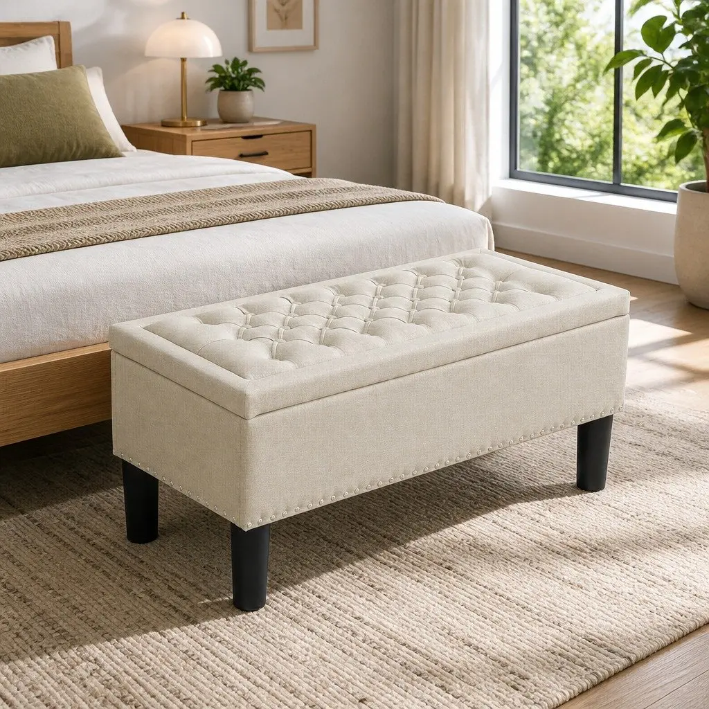 Ottoman Storage Box 96cm Faux Linen Taupe Lift Lid Footstool Seating