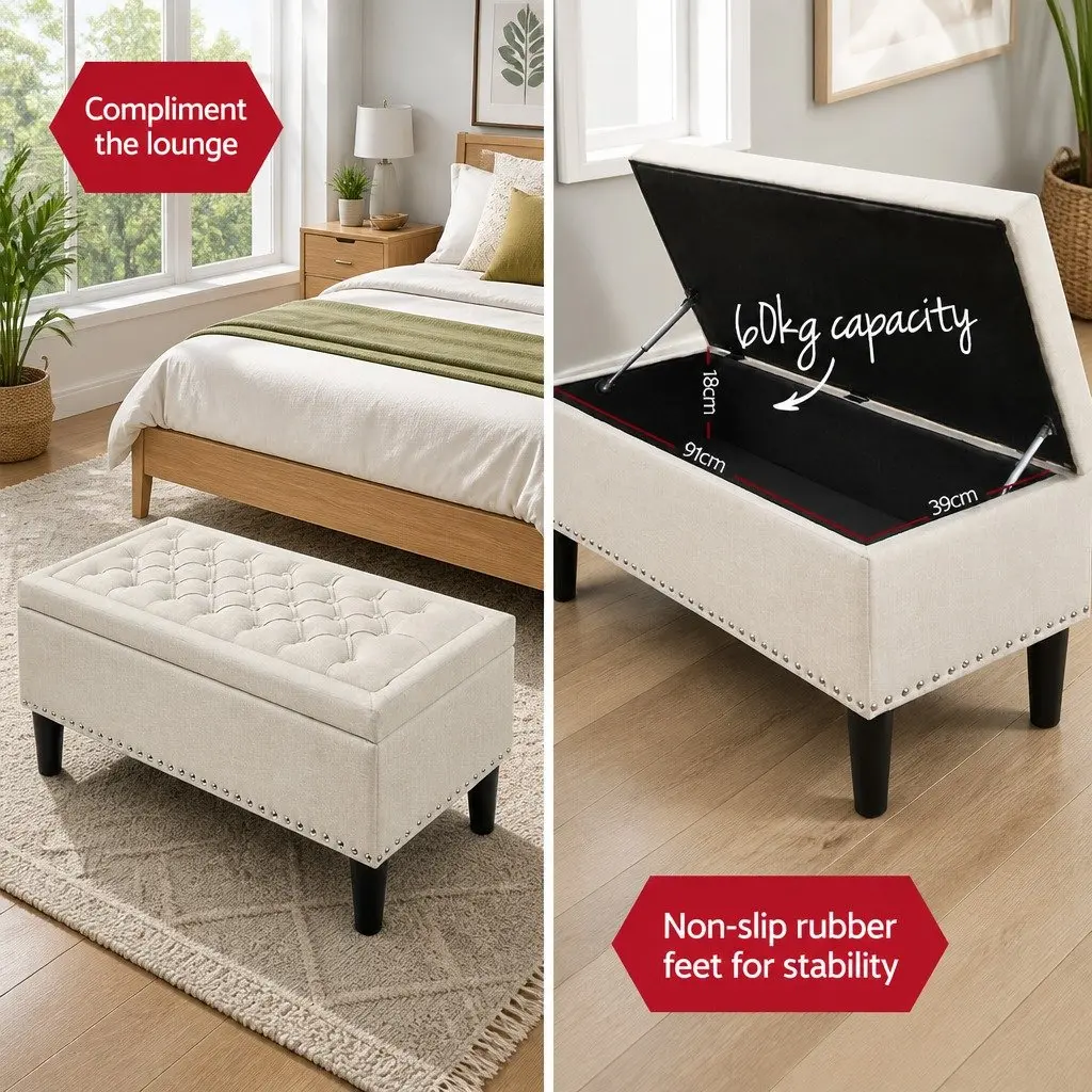 Ottoman Storage Box 96cm Faux Linen Taupe Lift Lid Footstool Seating