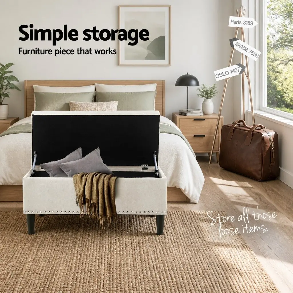 Ottoman Storage Box 96cm Faux Linen Taupe Lift Lid Footstool Seating
