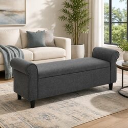 Storage Ottoman Blanket Box 125cm Armrest Lift-up Lid Linen Grey Footstool