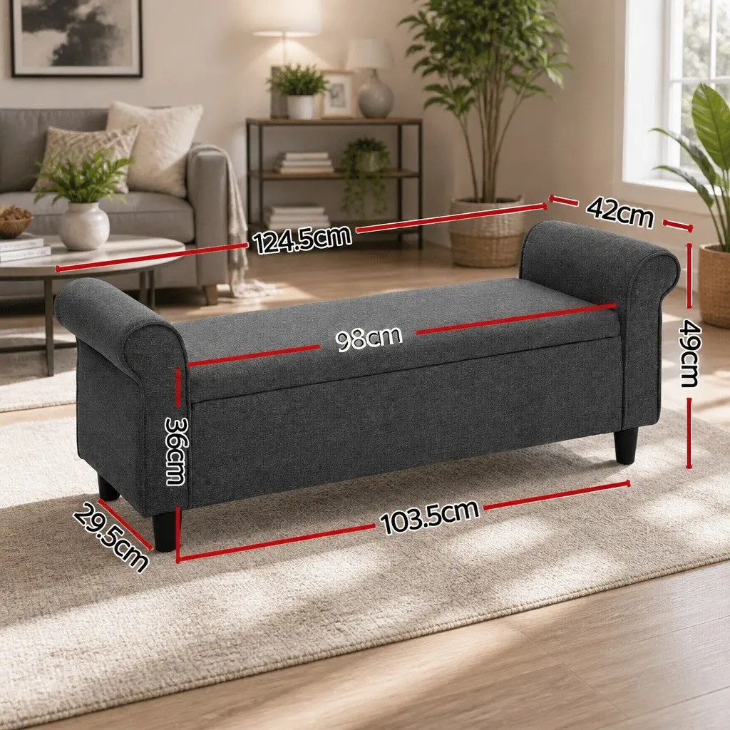 Storage Ottoman Faux Linen 125cm Grey Armrest Lift-up Lid Footstool