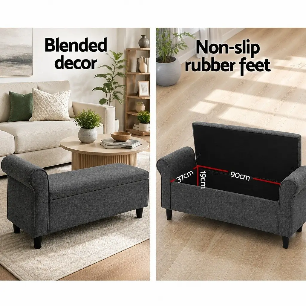 Storage Ottoman Faux Linen 125cm Grey Armrest Lift-up Lid Footstool