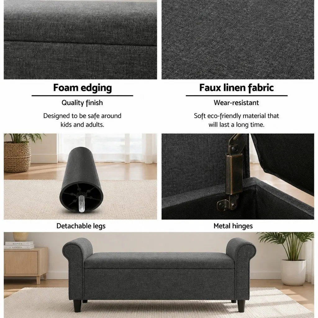 Storage Ottoman Faux Linen 125cm Grey Armrest Lift-up Lid Footstool