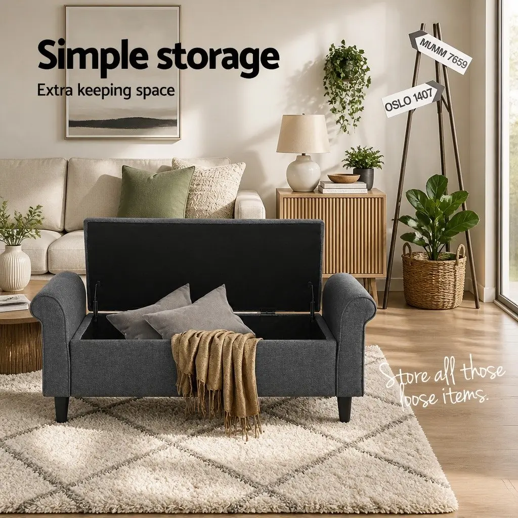 Storage Ottoman Faux Linen 125cm Grey Armrest Lift-up Lid Footstool