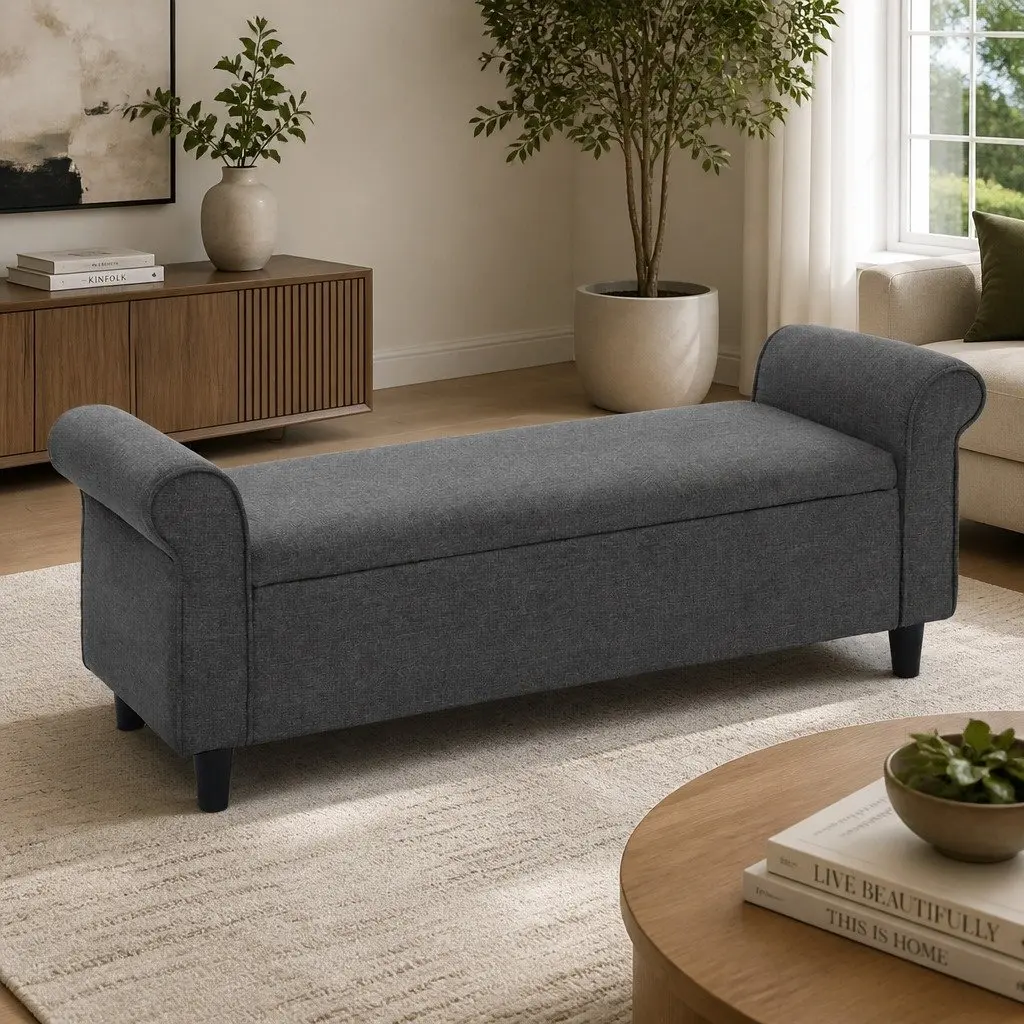 Storage Ottoman Faux Linen 125cm Grey Armrest Lift-up Lid Footstool