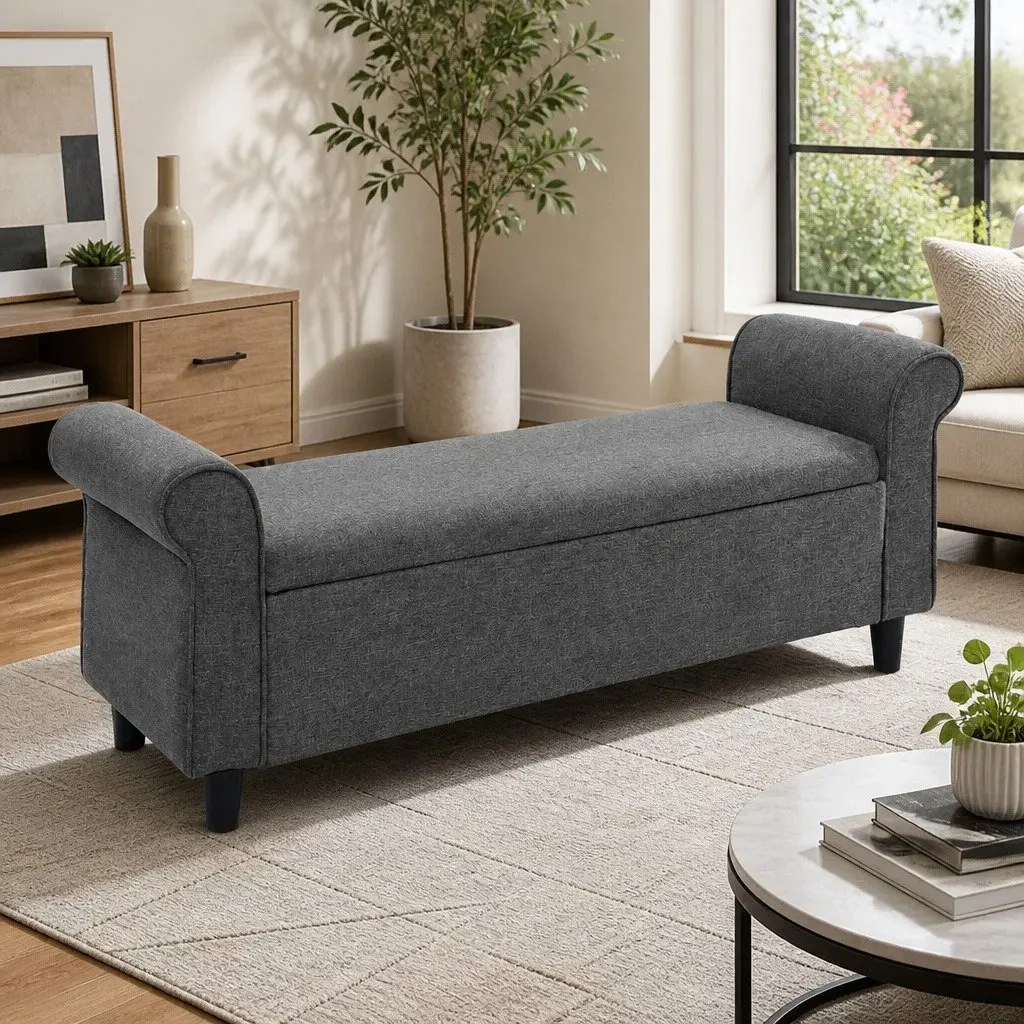 Storage Ottoman Faux Linen 125cm Grey Armrest Lift-up Lid Footstool