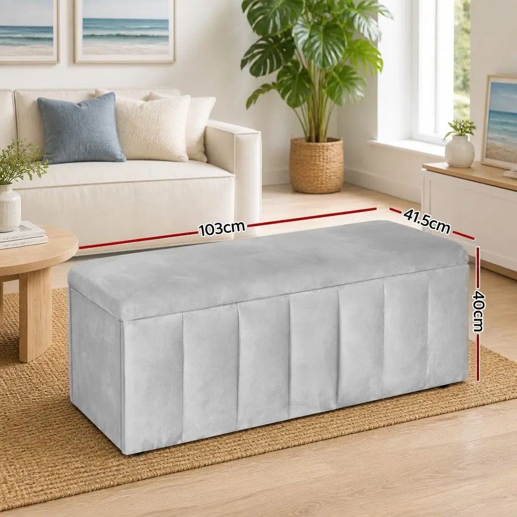 Velvet Ottoman Storage Box Grey 103cm Footstool with Hidden Compartment for Living Room Use