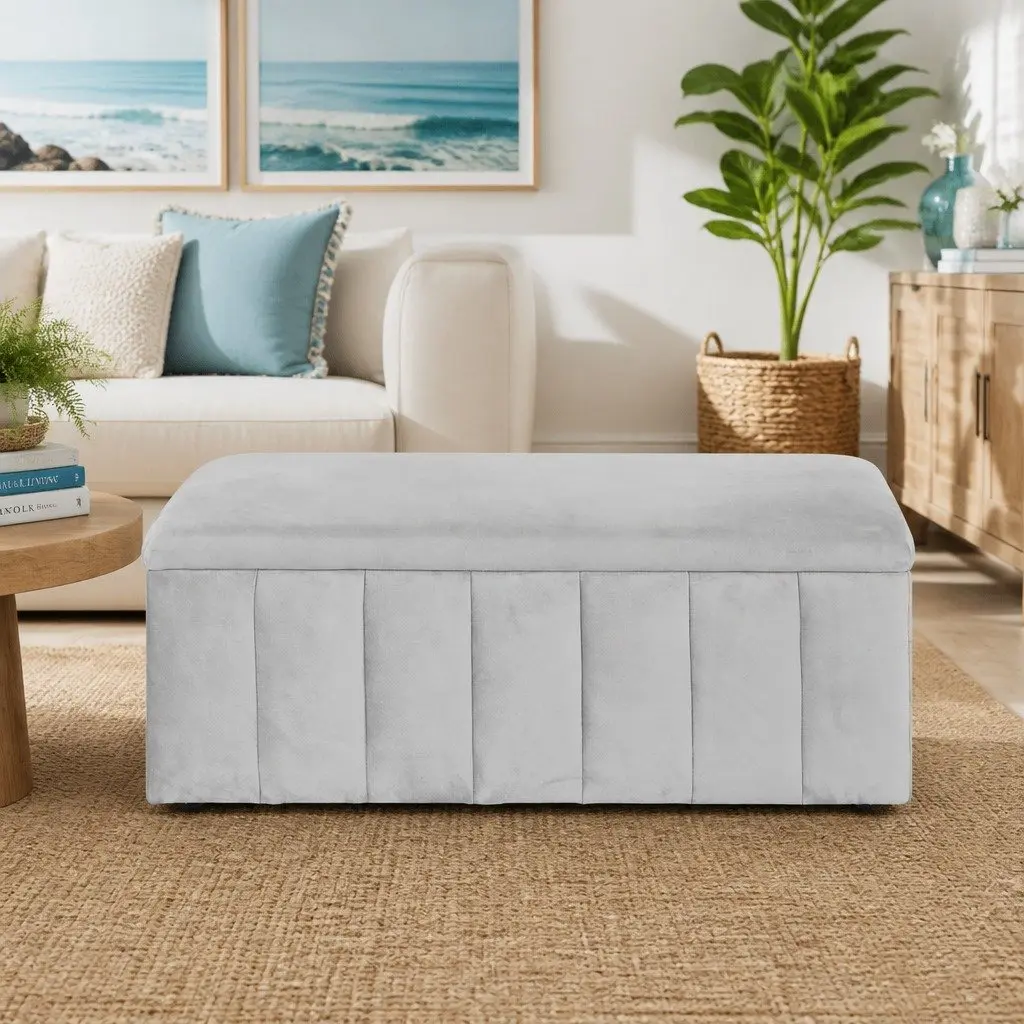 Velvet Ottoman Storage Box Grey 103cm Footstool with Hidden Compartment for Living Room Use