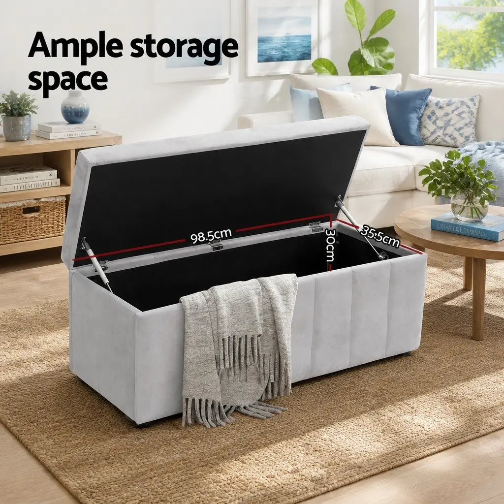 Velvet Ottoman Storage Box Grey 103cm Footstool with Hidden Compartment for Living Room Use