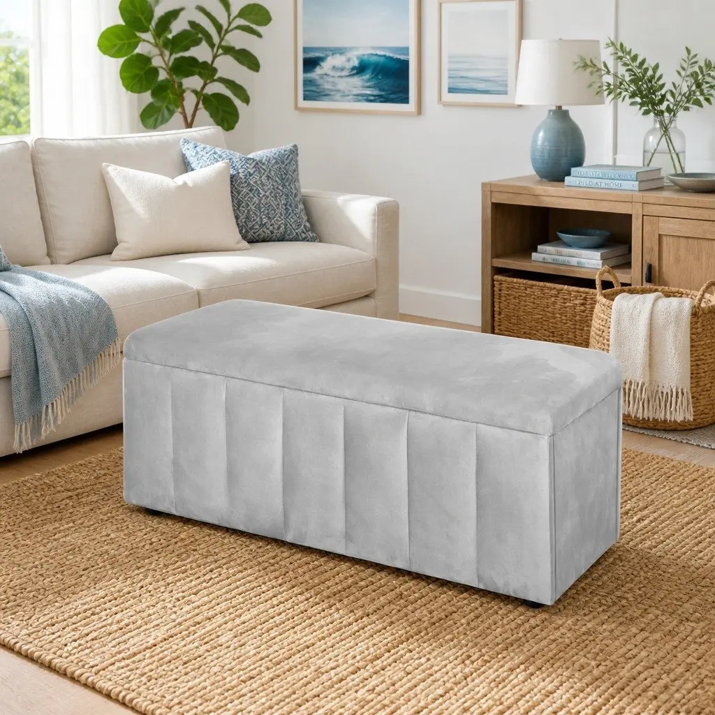 Velvet Ottoman Storage Box Grey 103cm Footstool with Hidden Compartment for Living Room Use