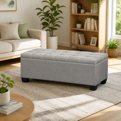 Storage Ottoman Blanket Box 97cm Button Tufted Light Grey Lift-Up Lid Footstool