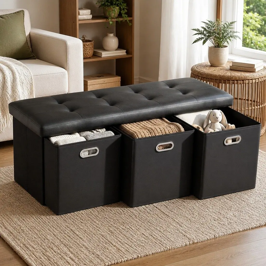 Storage Ottoman Footstool with 3 Cube Drawers Foldable Seat Rest Black