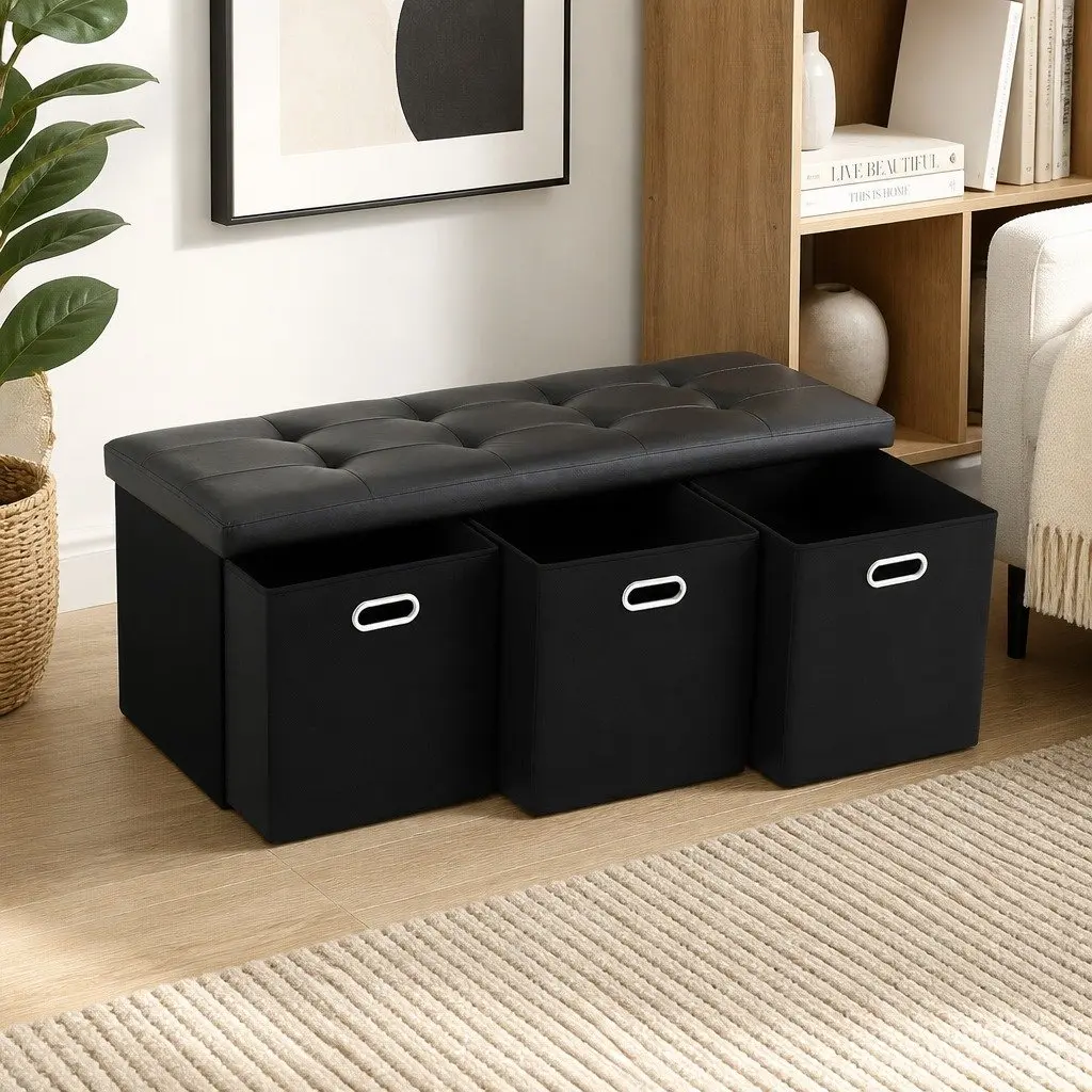 Storage Ottoman Footstool with 3 Cube Drawers Foldable Seat Rest Black