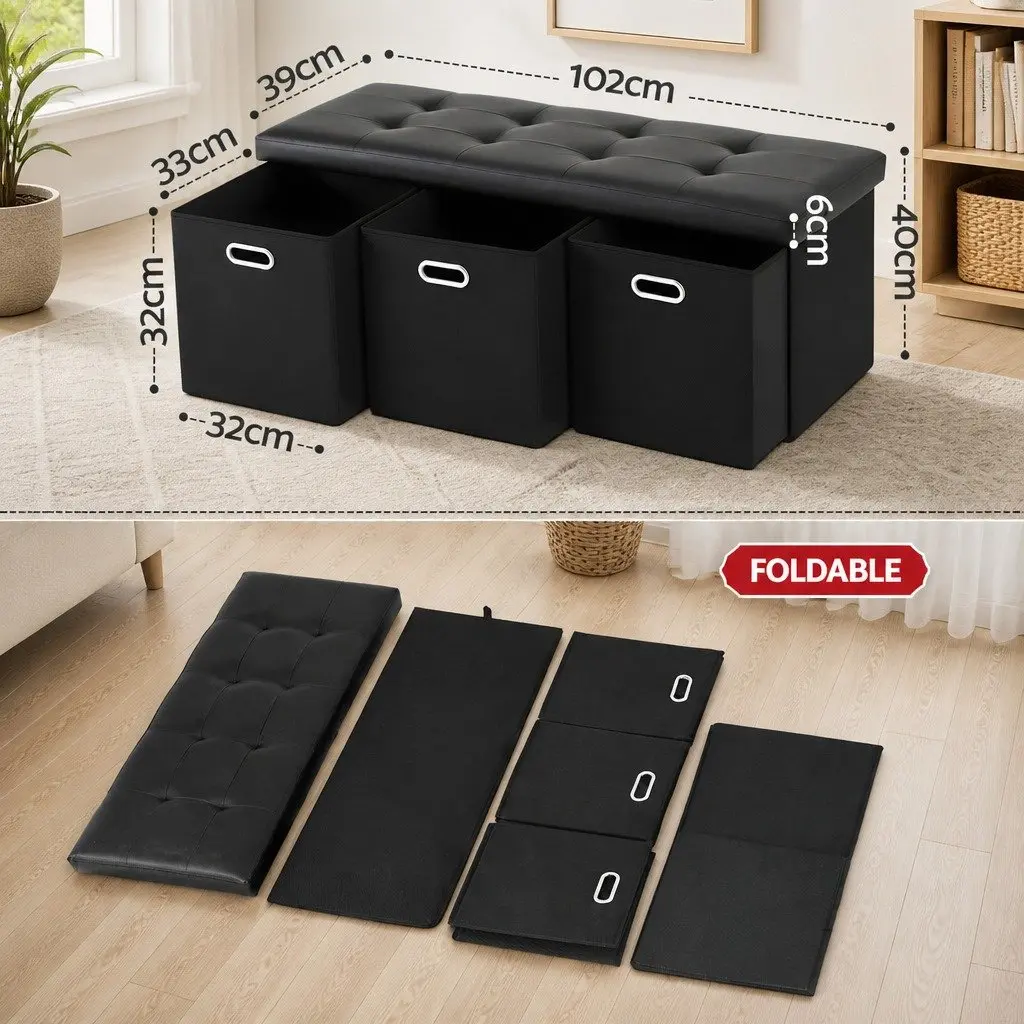 Storage Ottoman Footstool with 3 Cube Drawers Foldable Seat Rest Black