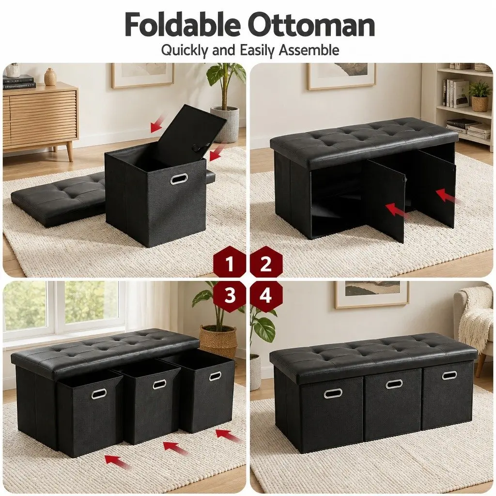 Storage Ottoman Footstool with 3 Cube Drawers Foldable Seat Rest Black