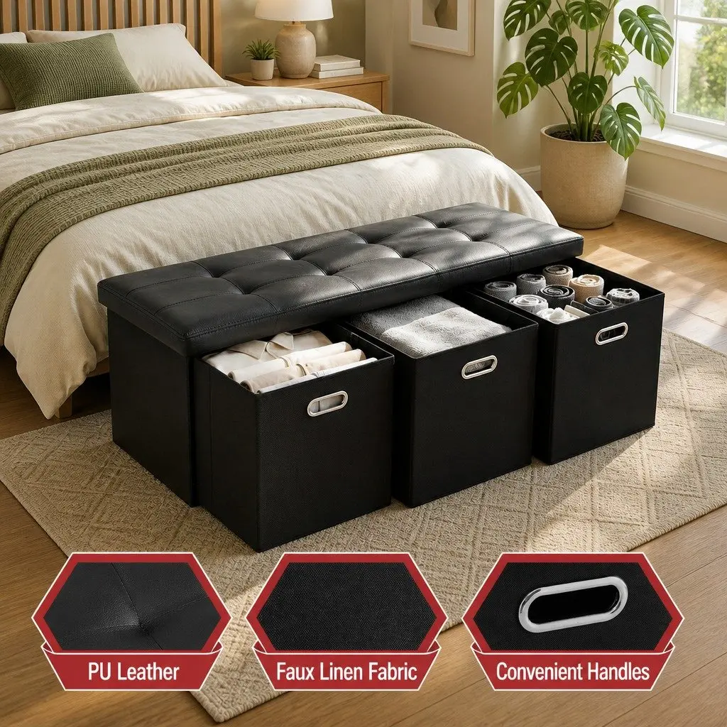 Storage Ottoman Footstool with 3 Cube Drawers Foldable Seat Rest Black