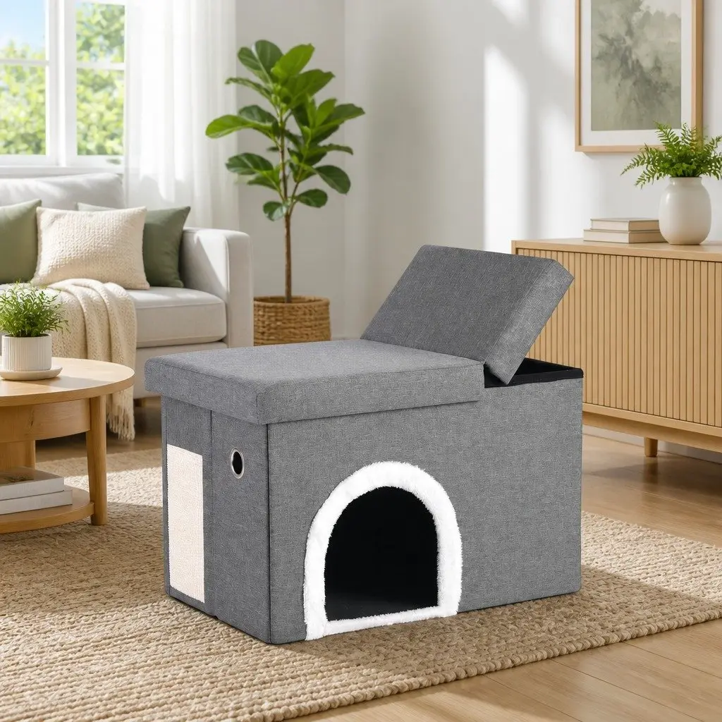 Storage Ottoman Cat Litter Box Enclosure Foldable Grey 64cm x 40cm x 40.5cm