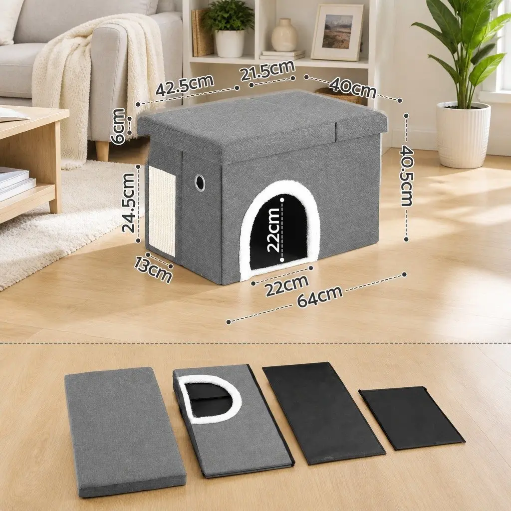 Storage Ottoman Cat Litter Box Enclosure Foldable Grey 64cm x 40cm x 40.5cm