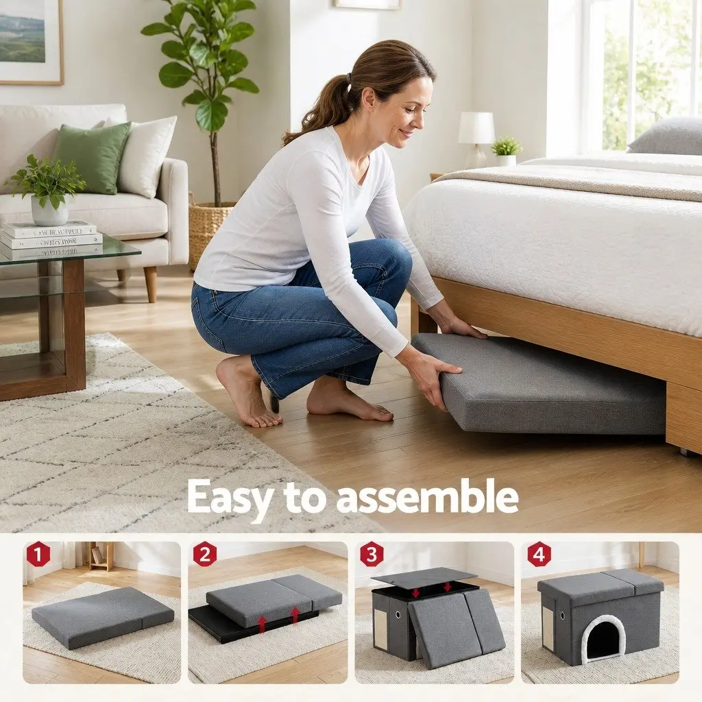 Storage Ottoman Cat Litter Box Enclosure Foldable Grey 64cm x 40cm x 40.5cm