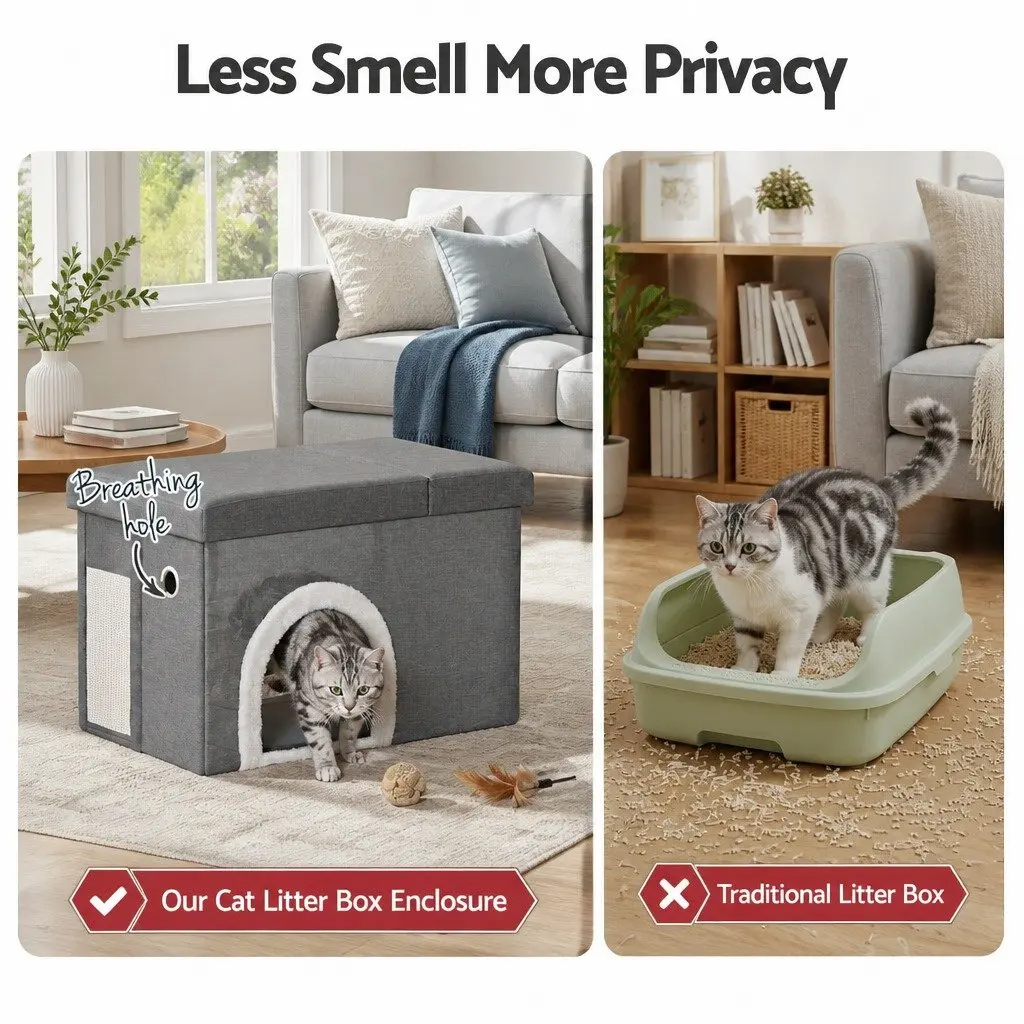 Storage Ottoman Cat Litter Box Enclosure Foldable Grey 64cm x 40cm x 40.5cm