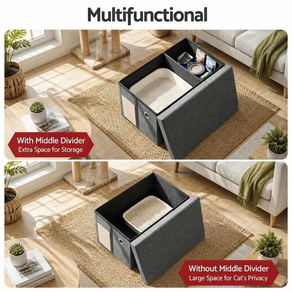 Storage Ottoman Cat Litter Box Enclosure Foldable Grey 64cm x 40cm x 40.5cm